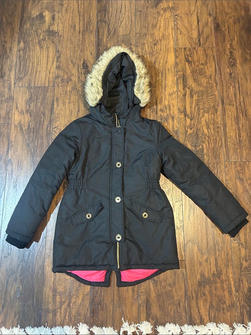 Girls Black Hooded Parka with Faux-Fur Trim